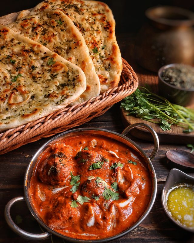 Family sharing authentic Indian food including Butter Chicken, Chicken Biryani, Garlic Naan, and Vegetable Samosas at The Royal Spice Indian Restaurant
